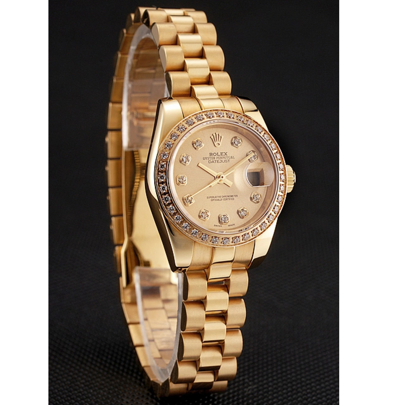 AAA Replica Watches Swiss 1454095 Gold Champagne Dial Diamond Bracelet Lady-Datejust Bezel Rolex 0806